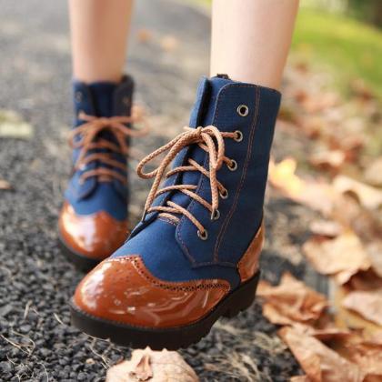 Patchwork Lace Up Round Tod Flat Short Boots
