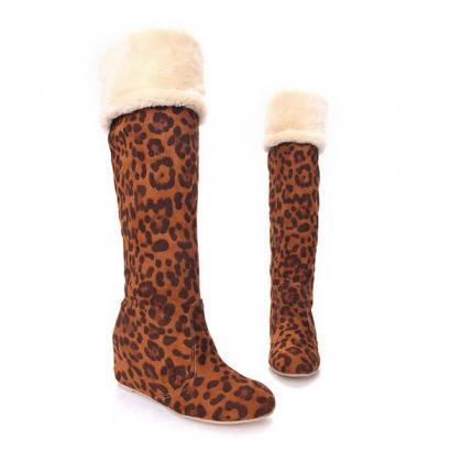 Leopard Print Round Toe Inside Heel Knee-length..