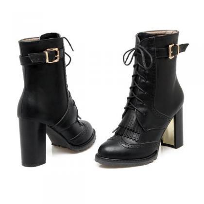 Tassels Lace Up Chunky High Heels Short Boots