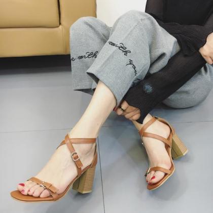 Straps Wrap Square Open Toe Chunky High Heels..
