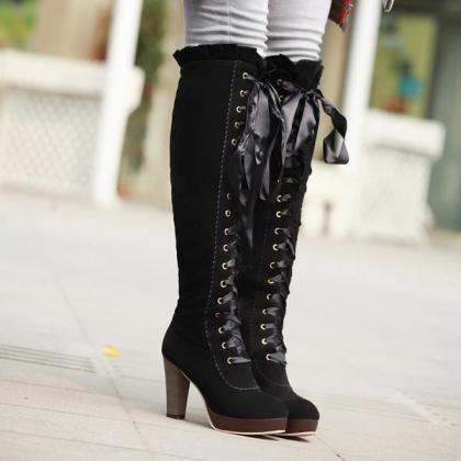 Straps Lace Up Pointed Toe Over-knee Long..