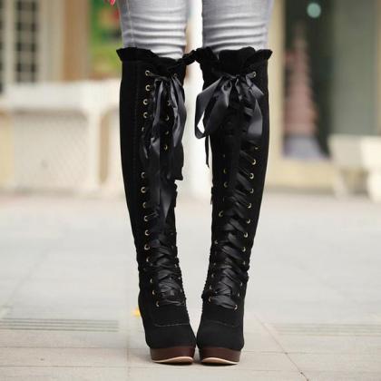 Straps Lace Up Pointed Toe Over-knee Long..