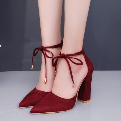 Pointed Tow High Chunky Heels Ankle Lace Up Party..