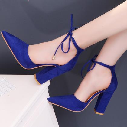 Pointed Tow High Chunky Heels Ankle Lace Up Party..