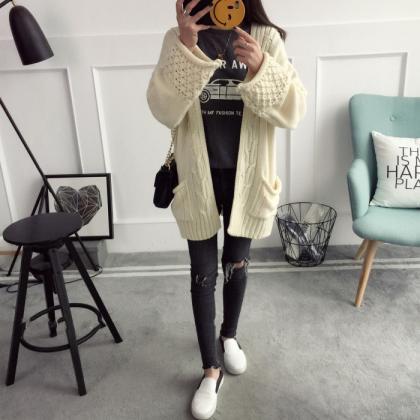 Cable Open Loose Sleeves Pocket Loose Long..