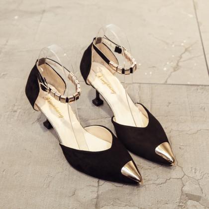 Pointed Toe Low Cut Ankle Wrap Stiletto Low Heels