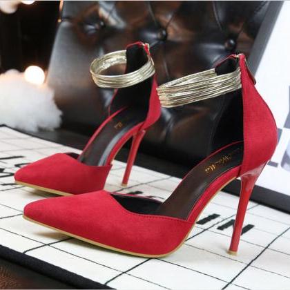 Low Cut Pointed Toe Ankle Wrap Stiletto High Heels..