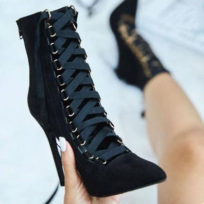 Hollow Out Lace Up Pointed Toe Stiletto High Heels..
