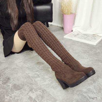 Knitwear Round Toe Low Chunky Heels Over-knee Long..