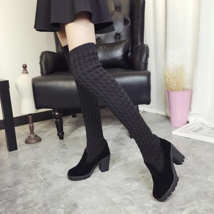 Knitwear Round Toe Low Chunky Heels Over-knee Long..