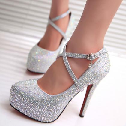 Crystal Ankle Wrap Round Toe Stiletto High Heels..