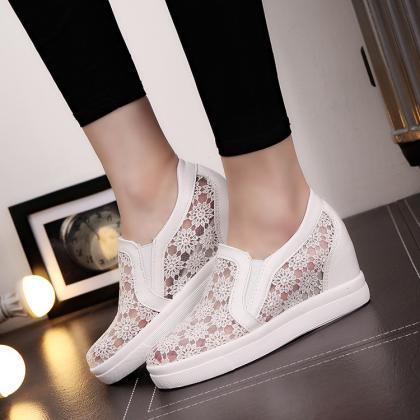 Lace Mesh Rounded-toe Slip-on Sneakers Featuring..