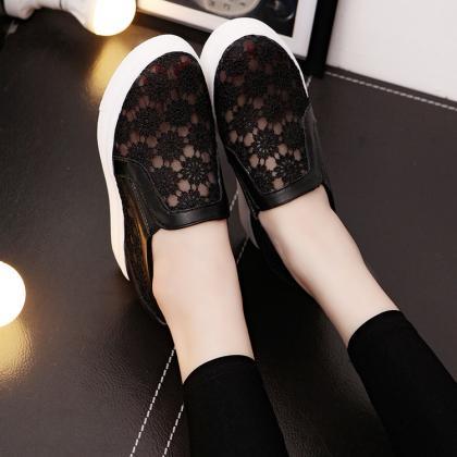Lace Mesh Rounded-toe Slip-on Sneakers Featuring..