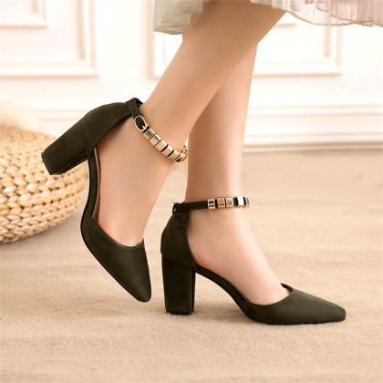 Beadings Ankle Wrap Pointed Toe Low Cut Low Chunky..