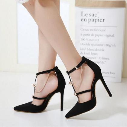 Suede Pointed-toe T-strap Stilettos Decorated With..