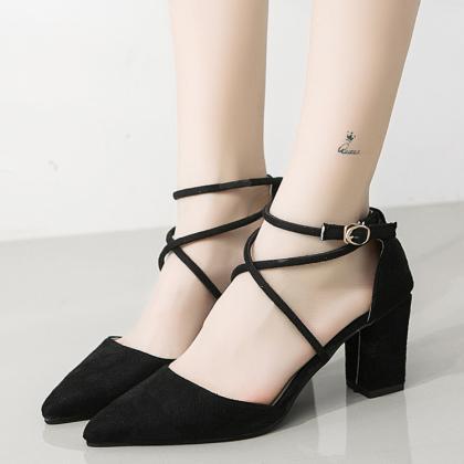 Straps Cross Ankle Wrap Pointed Toe Chunky Heels