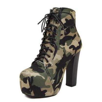 Army Green Camouflage Lace Up Chunky High Heels..