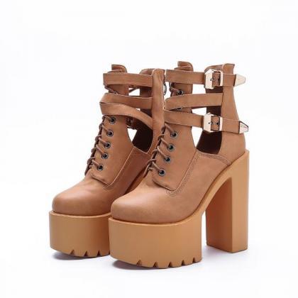 High Platform Cut Out Hasp Lace High Chunky Heels..