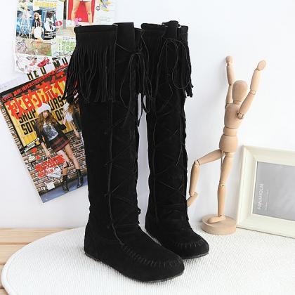 Tassels Lace Up Round Toe Suede Flat Knee-length..