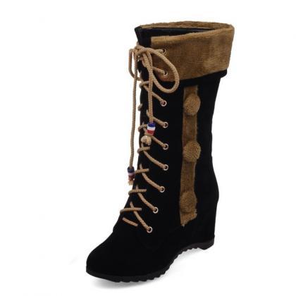 Round Toe Inside Heels Lace Up Wedge Half Boots