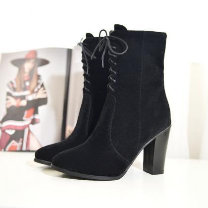 Faux Suede Lace-up Pointed-toe Mid-calf Chunky..