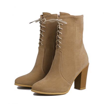 Faux Suede Lace-up Pointed-toe Mid-calf Chunky..