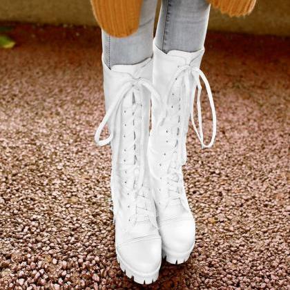 Lace Up Round Toe Platform Chunky Heels Long Boots
