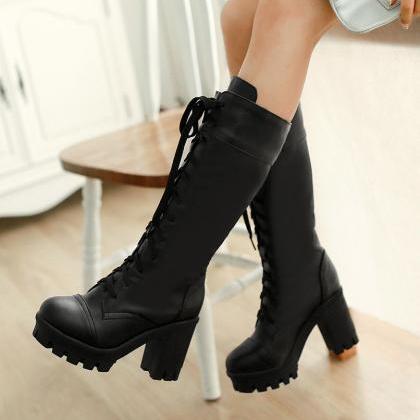 Lace Up Round Toe Platform Chunky Heels Long Boots