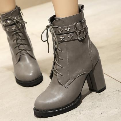 Rivets Hasp Lace Up Round Toe High Chunky Heels..