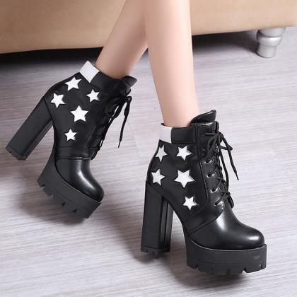 Star Decorate Platform Lace Up High Chunky Heels..