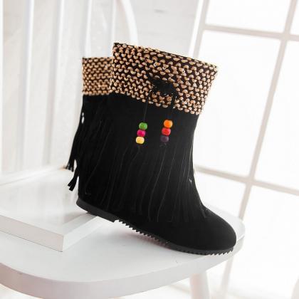 Tassels Beads Decorate Round Toe Flat Short Boots