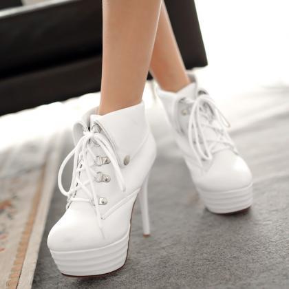 Curled Edge Lace Up Platform Stiletto High Heels..