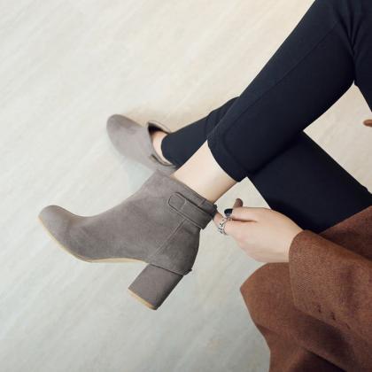Suede Round Toe Middle Chunky Heels Short Boots