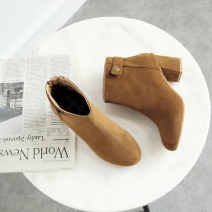 Suede Round Toe Middle Chunky Heels Short Boots