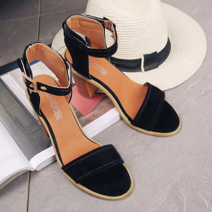 Ankle Wrap Open Toe Middle Chunky Heels Sandals