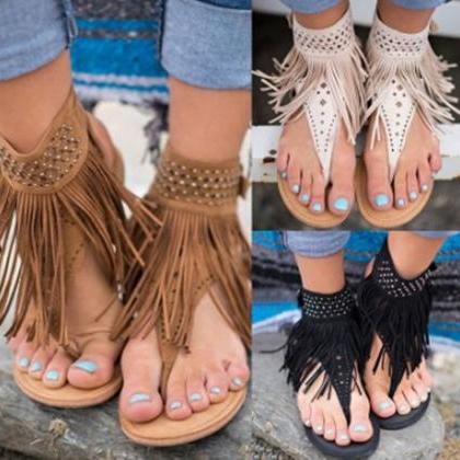 Tassels Ankle Wrap Slip-on Open Toe Flat Sandals