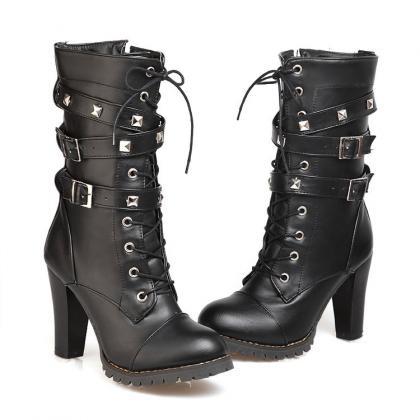 Straps Hasp Lace Up Round Toe High Chunky Heels..