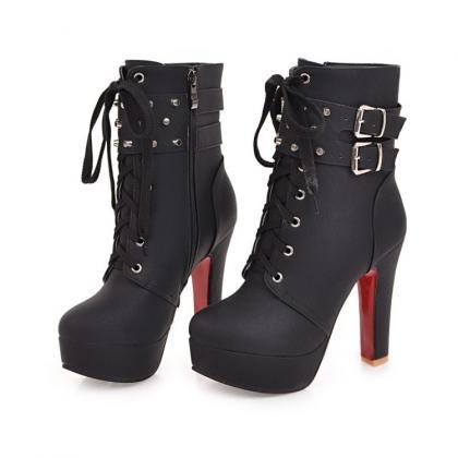 Motorcycle Lace Up Hasp Platform Stiletto High..