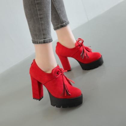 Solid Color Lace Up Platform High Chunky Heels..