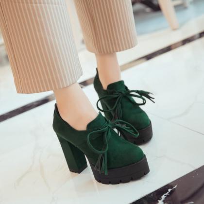 Solid Color Lace Up Platform High Chunky Heels..