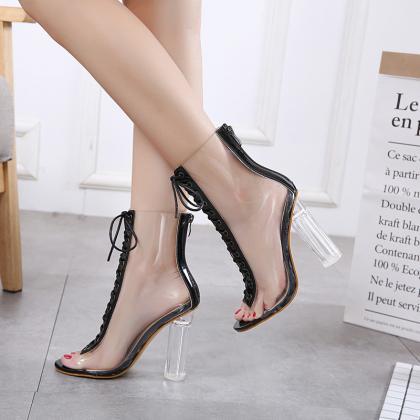 Lace Up Open Toe Transparent High Chunky Heels..