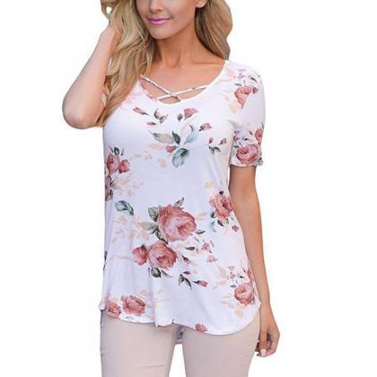 Flower Print Scoop Short Sleeves T-shirt