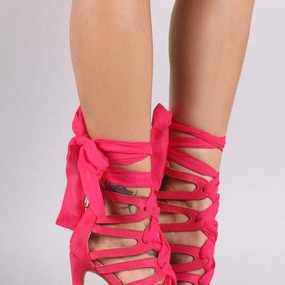 Candy Color Open Toe Ankle Wraps Stiletto High..