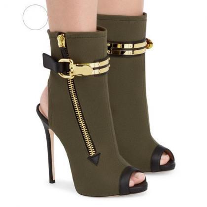 Army Green Peep-toe Buckled Stiletto Heel Ankle..