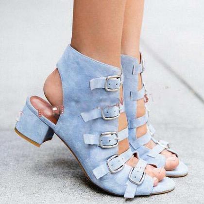 Hasp Denim Cut Out Peep Toe Middle Chunky Heels..