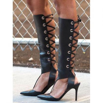 Back Lace Up Cut Out Pointed Toe Stiletto High..