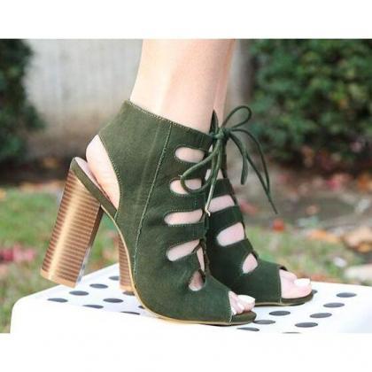Lace Up Peep Toe High Chunky Heels Sandals