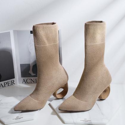 Pointed Toe Circle Unique Heels Half Length Boots
