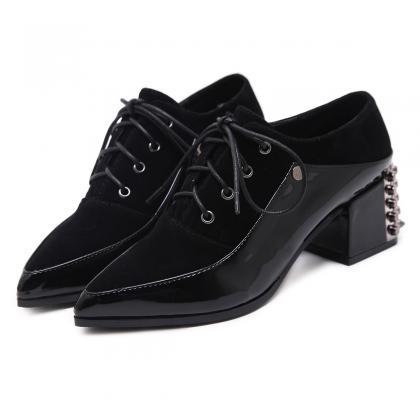 Pointed Toe Lace Up Low Chunky Heels Rivets Matin..
