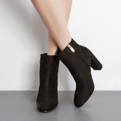 Faux Suede Pointed-toe Chunky Heel Ankle Boots..